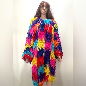 C.H.Y Fashion Long Funky Boho Chic Colorful Yarn Crochet Coat Jacket Rainbow-S/M